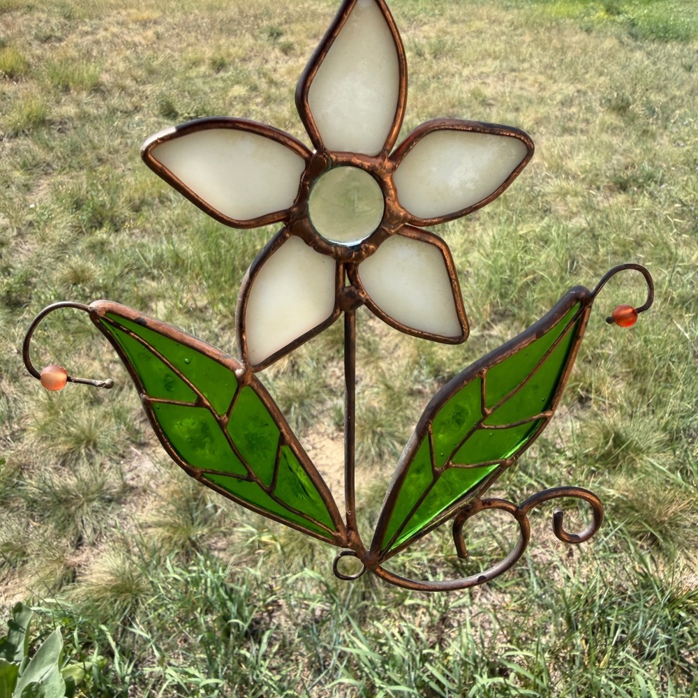 Vintage Stained Glass Flower Suncatcher White Petals Green Leaves Copper Foil